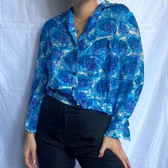 Vintage 80s Blue Floral Silk Button Down - Picture 1 of 4